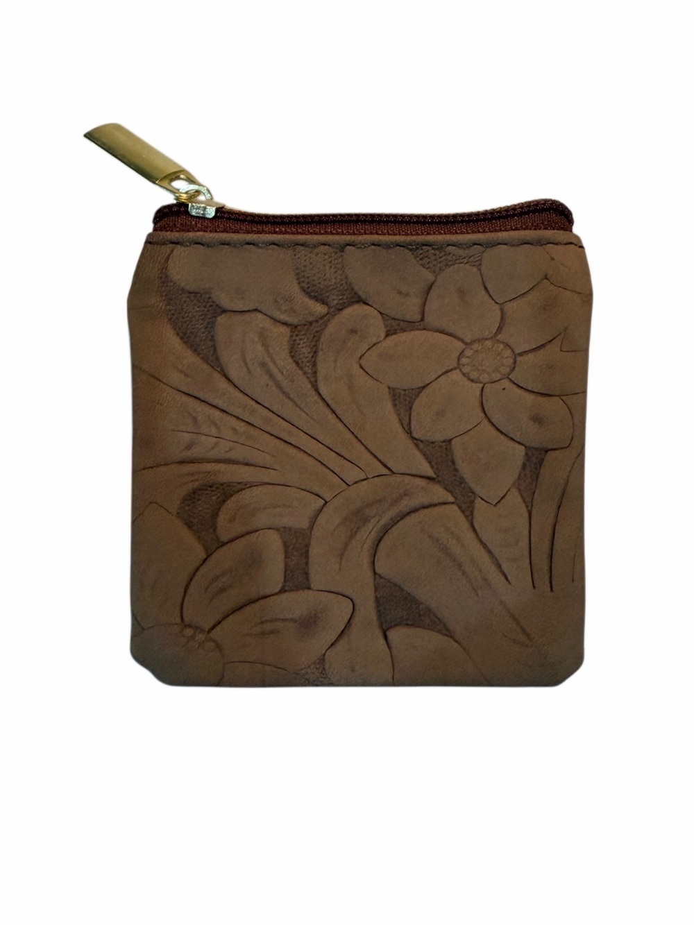 Brown Floral Embossed Leather Coin Purse